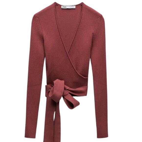 Zara Terracotta Ribbed True Wrap Sweater NWT Size Medium - Picture 2 of 3